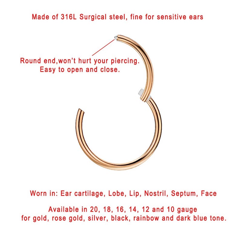 FANSING 20g 7mm Nose Hoop 20 Gauge Hinged Seamless Piercing Jewelry Ring for Septum Helix Cartilage Earlobe Lip Daith Tragus Rook & Conch 18k Rose Gold-plated Surgical Steel - Image 2